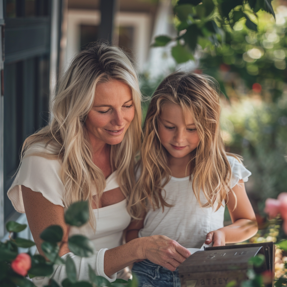 Une femme et sa petite fille vérifiant la boîte aux lettres | Source : Midjourney