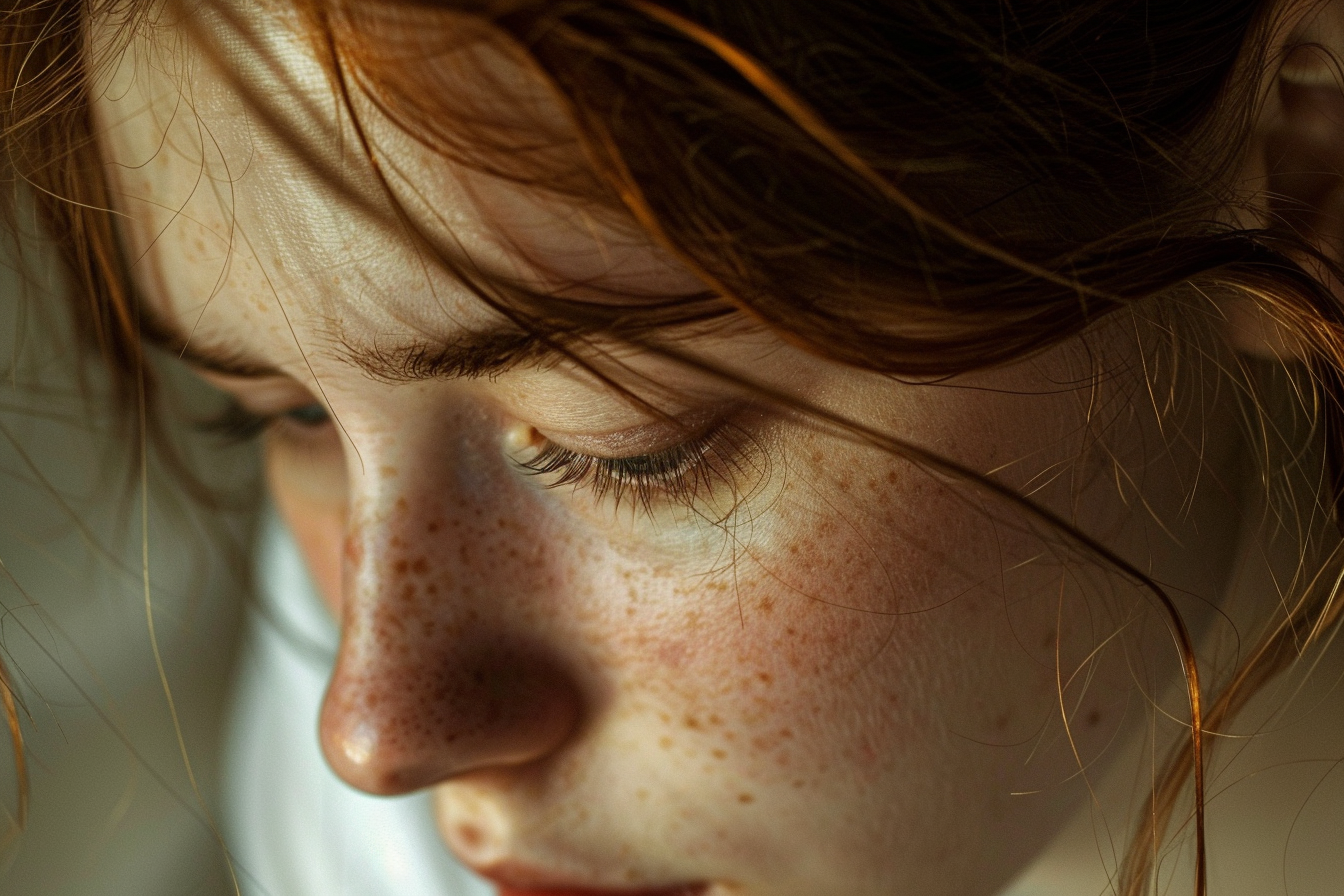 Une femme triste aux yeux baissés | Source : Midjourney