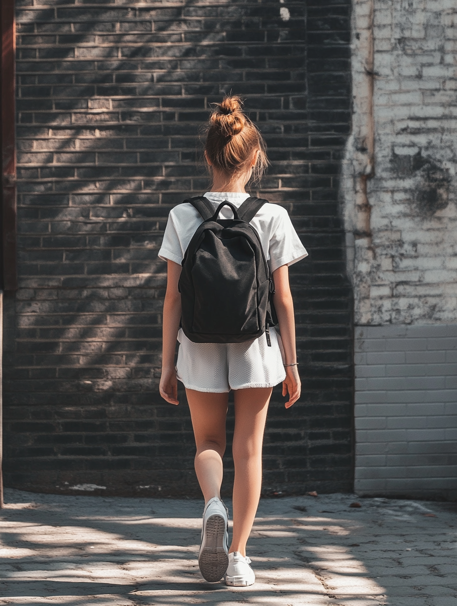 Une petite fille qui marche avec son sac à dos | Source : Midjourney