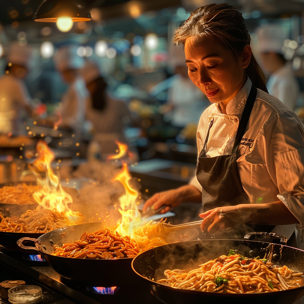 Chef asiatique d'âge moyen cuisinant dans le restaurant | Midjourney