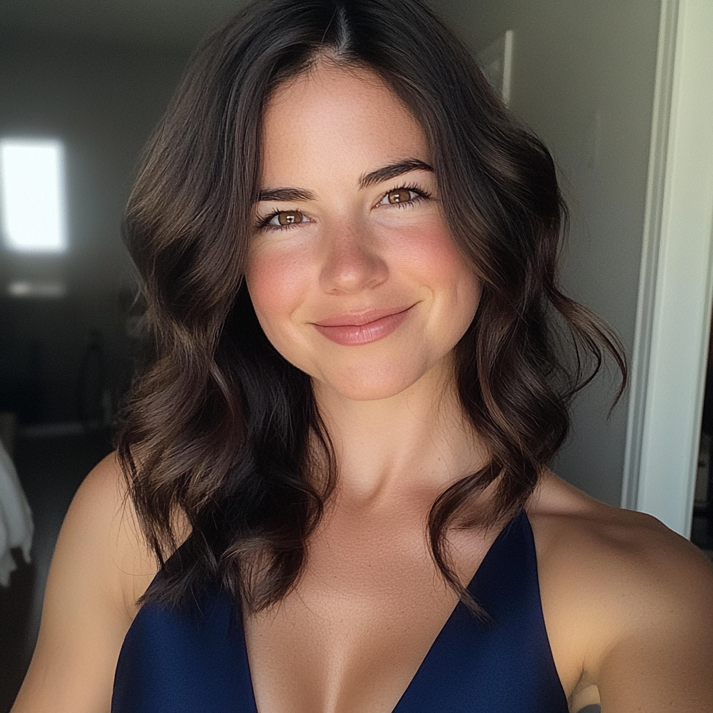 Une femme souriante portant une robe marine | Source : Midjourney