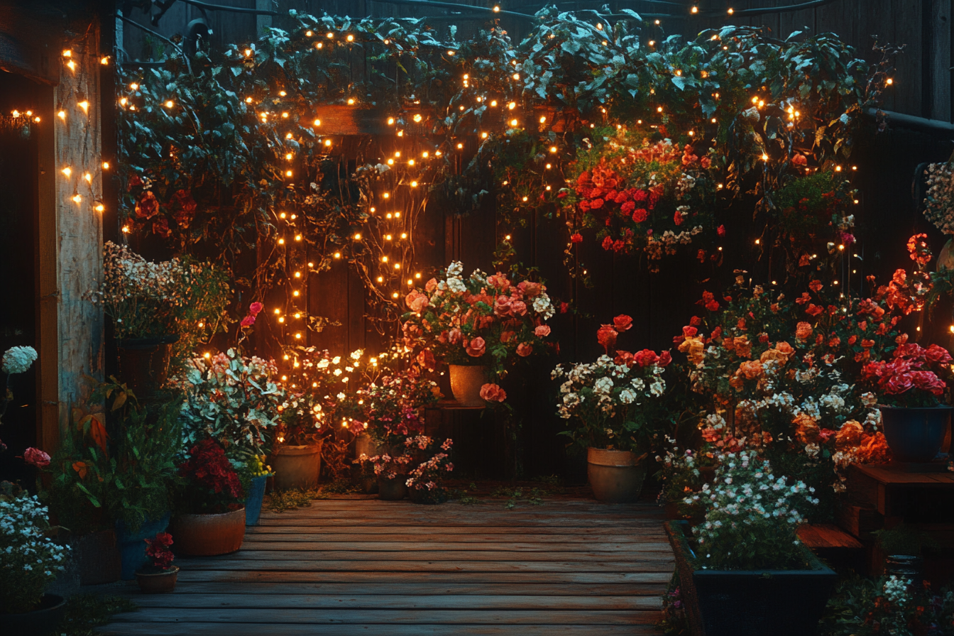 Un jardin décorée de fleurs et de lumières scintillantes | Source : Midjourney