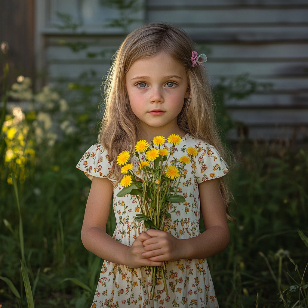 Une fille tenant un bouquet de pissenlits | Source : Midjourney