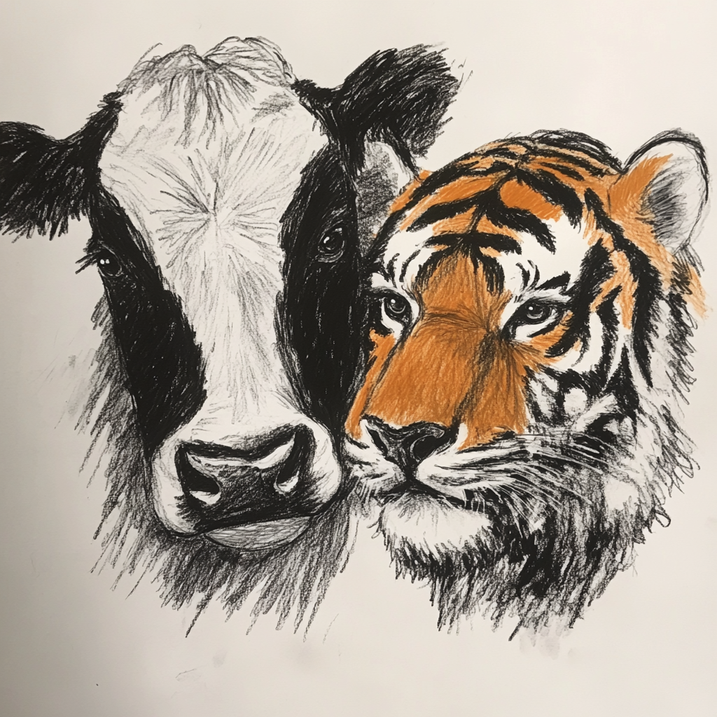 Dessin d'une vache et d'un tigre | Source : Midjourney