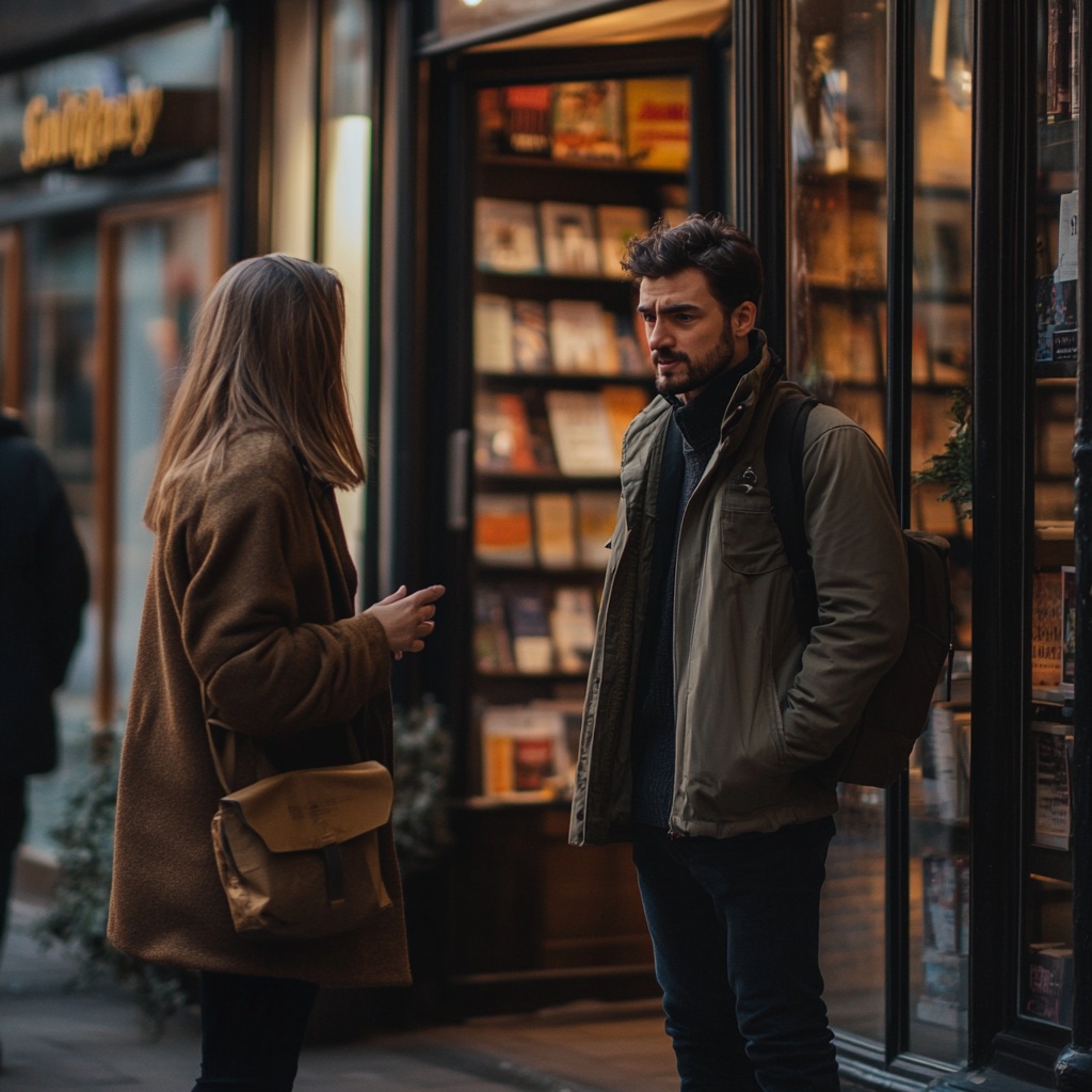 Des gens discutent à l'extérieur d'une librairie | Source : Midjourney