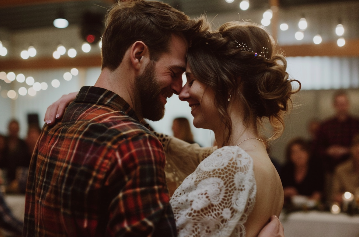 Un homme habillé de façon décontractée danse avec la mariée lors d'une réception | Source : MidJourney
