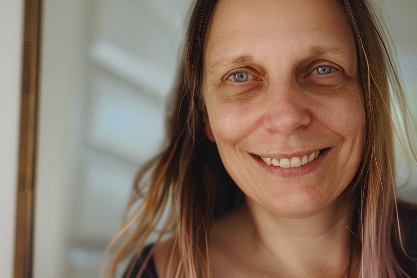 Une femme souriante à l'intérieur d'une salle de bain | Source : Midjourney