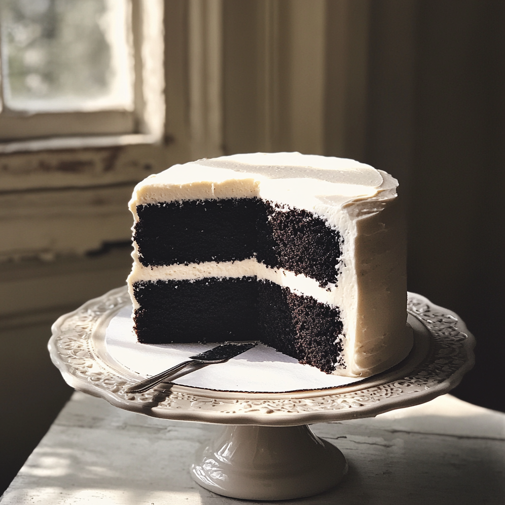 Un gâteau noir avec un glaçage blanc | Source : Midjourney