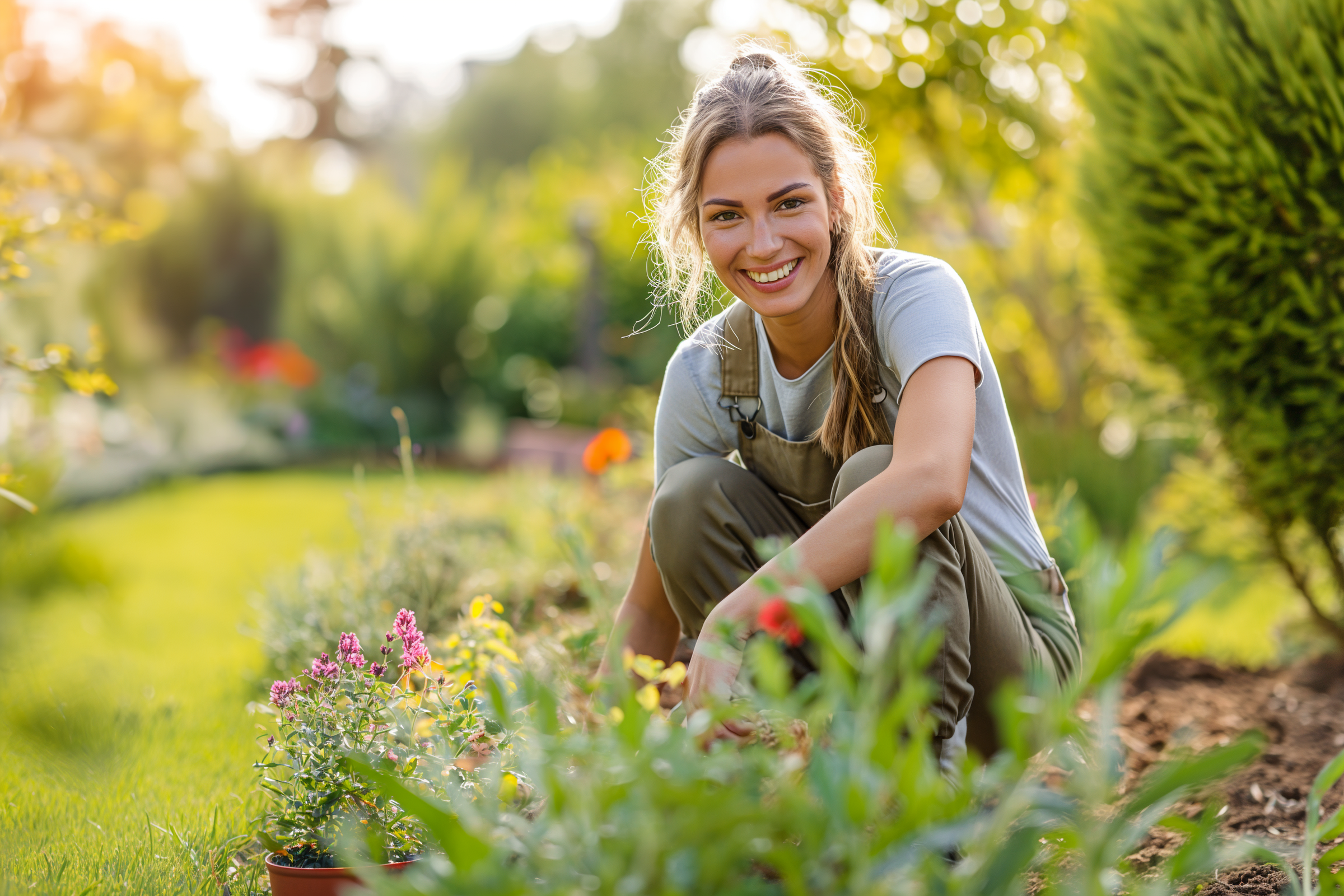 Une femme souriante dans son jardin | Source : Midjourney