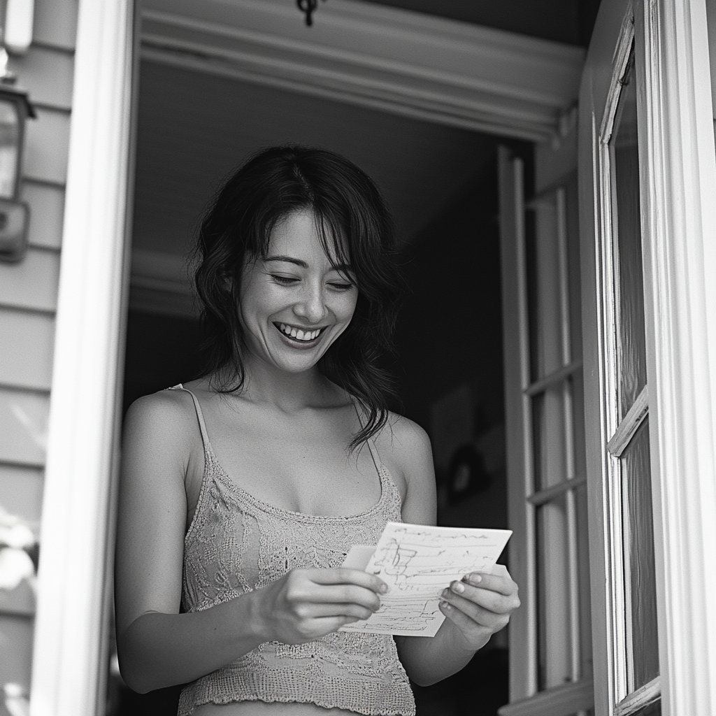 Une femme qui rit en lisant une note | Source : Midjourney