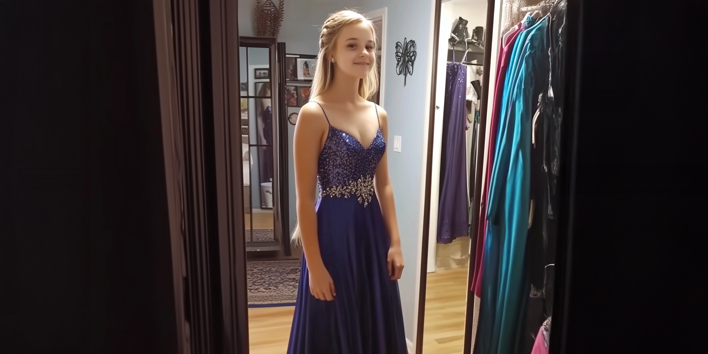 Adolescente vêtue d'une robe bleue scintillante, souriant devant un miroir | Source : Getty Images