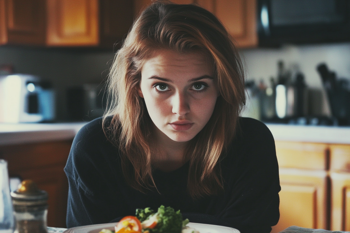 Une femme tendue assise à une table de dîner | Source : Midjourney