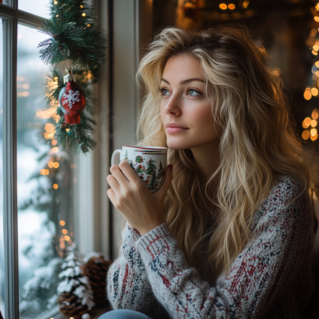 Une femme qui boit un café et regarde par la fenêtre le jour de Noël | Source : Midjourney