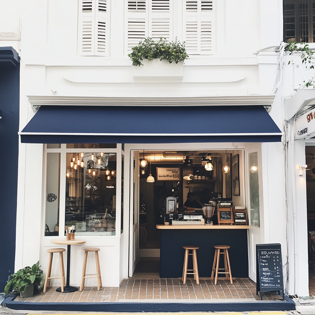 L'extérieur d'un mignon café | Source : Midjourney