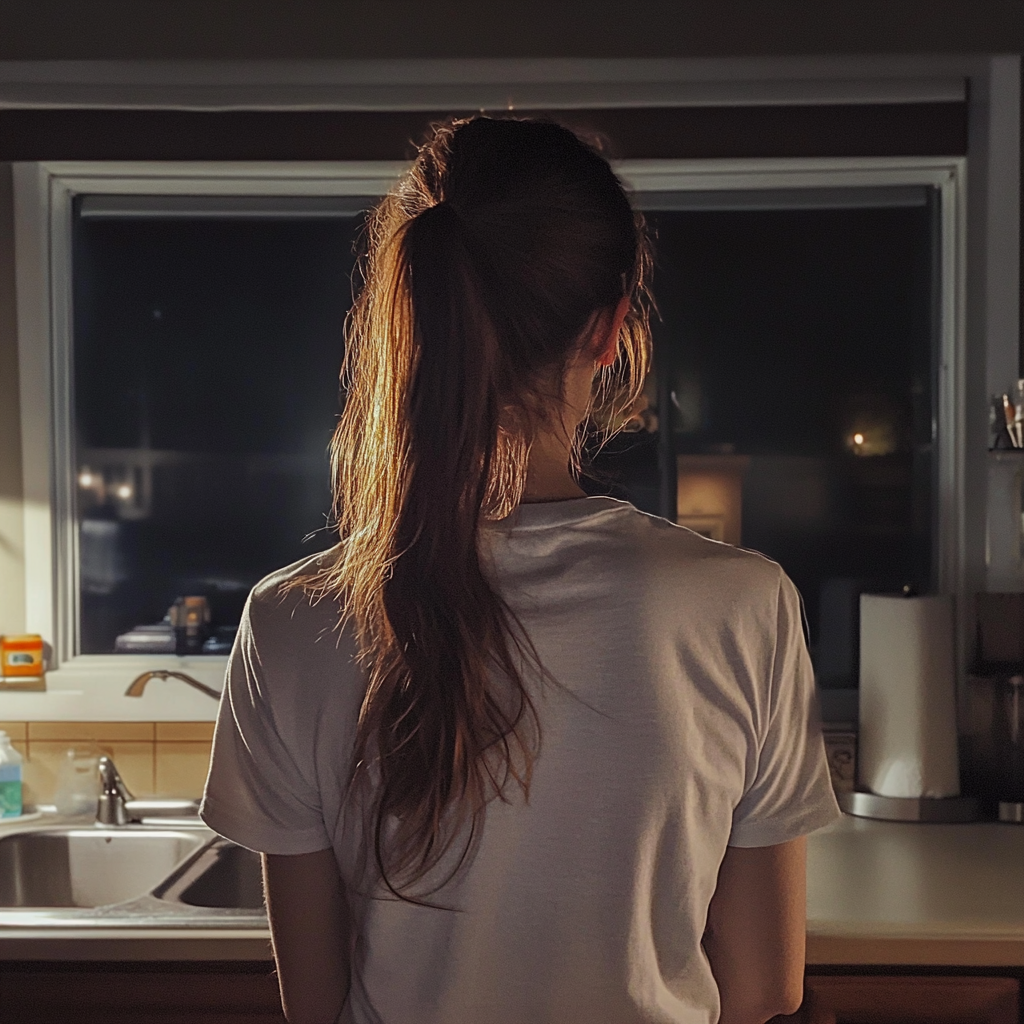 Une femme debout devant un évier de cuisine | Source : Midjourney