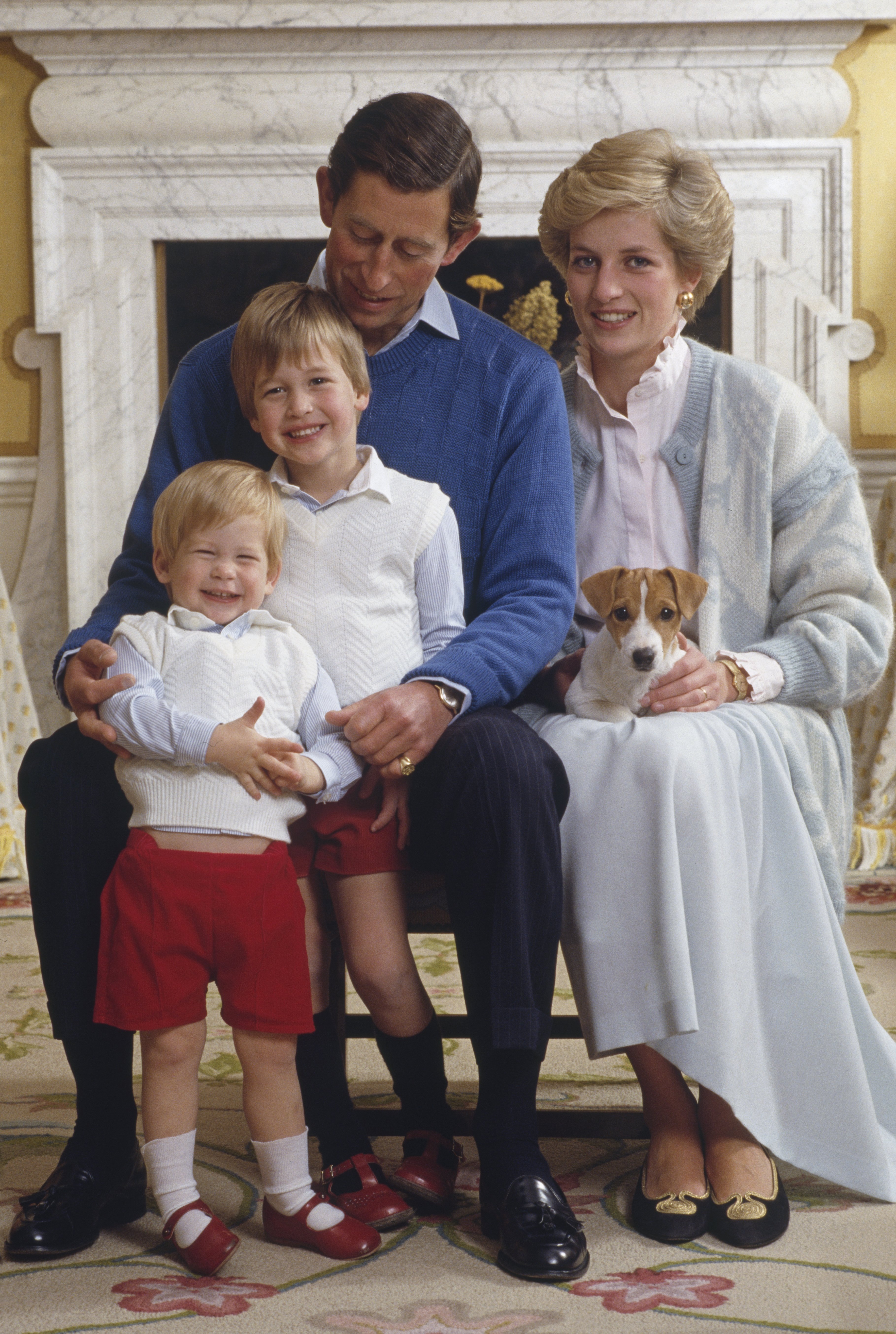Le prince Charles et la princesse Diana photographiés à la maison avec leurs fils, le prince William et le prince Harry, en décembre 1986, à Kensington Palace, à Londres / Source : Getty Images