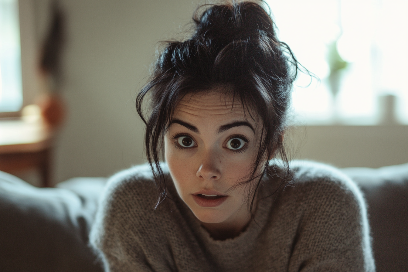 Shocked woman in apartment living room | Source: Midjourney