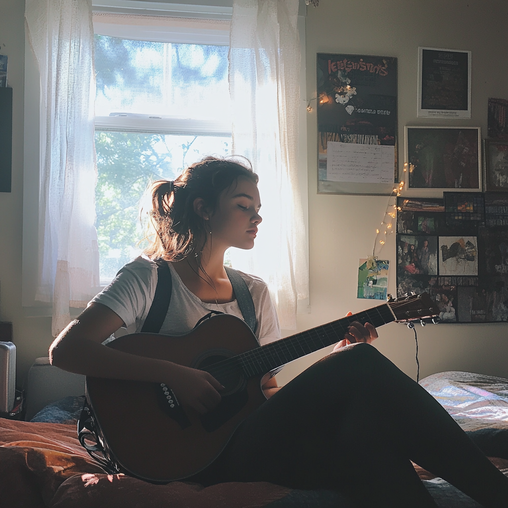 Une adolescente assise dans sa chambre et chantant | Source : Midjourney