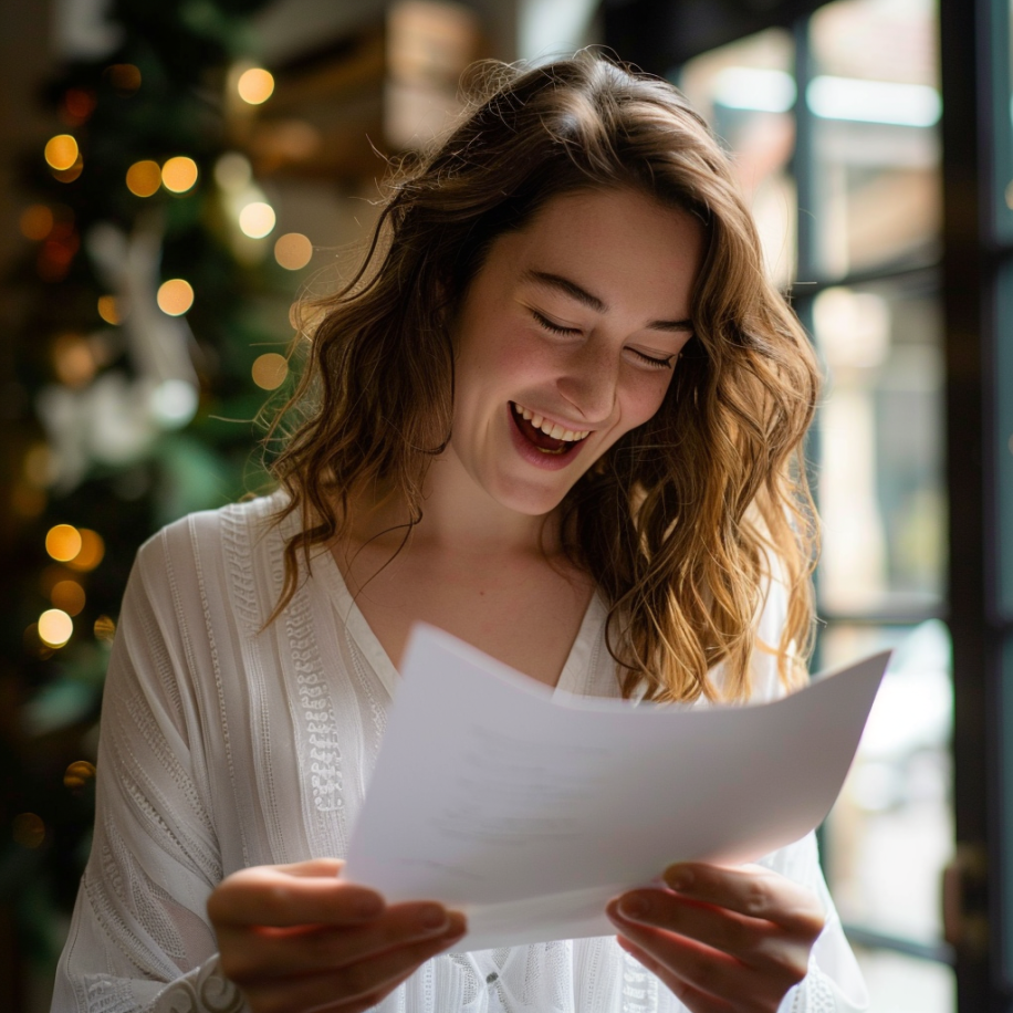 Une femme ravie en lisant une lettre | Source : Midjourney