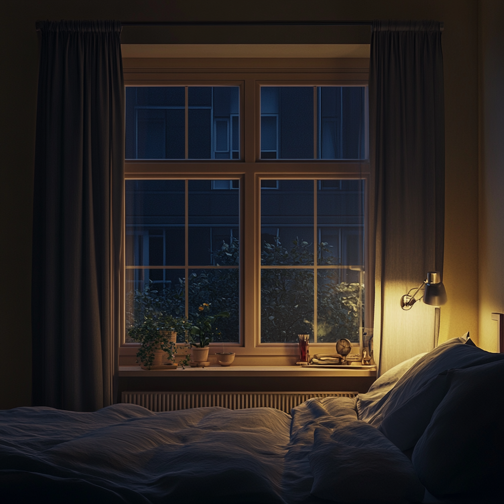 La fenêtre d'une chambre à coucher la nuit | Source : Midjourney