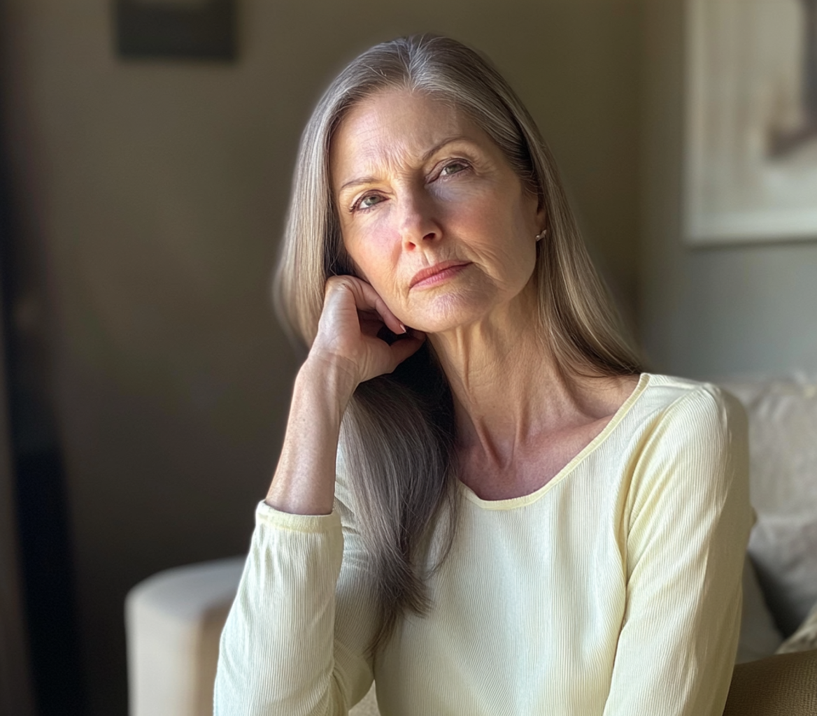Une femme âgée bouleversée assise sur un canapé | Source : Midjourney