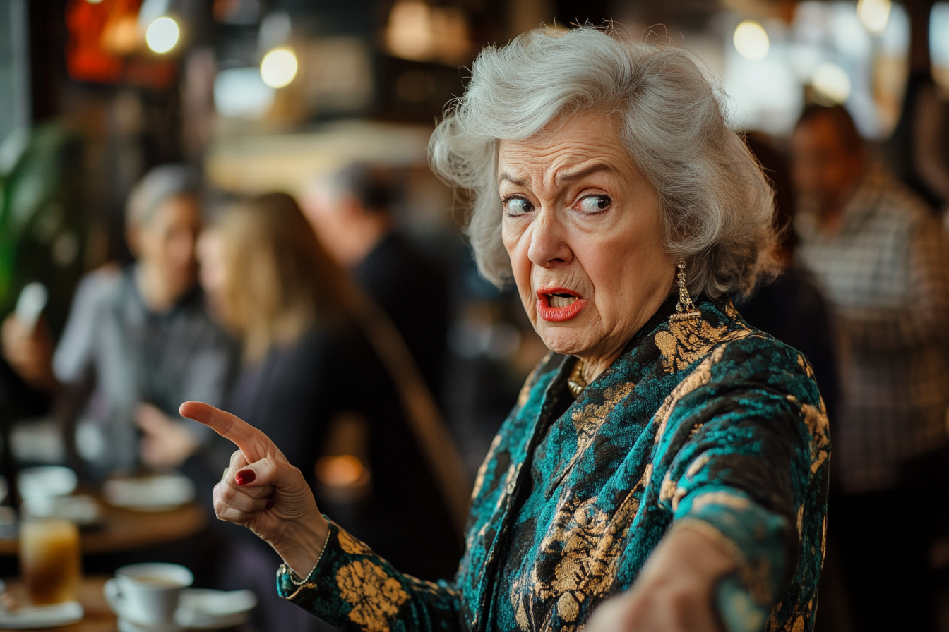 Une femme plus âgée pointe du doigt à l'extérieur d'un café | Source : Midjourney