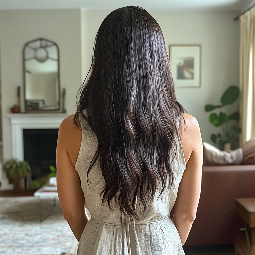 La vue arrière d'une femme debout dans un salon | Source : Midjourney