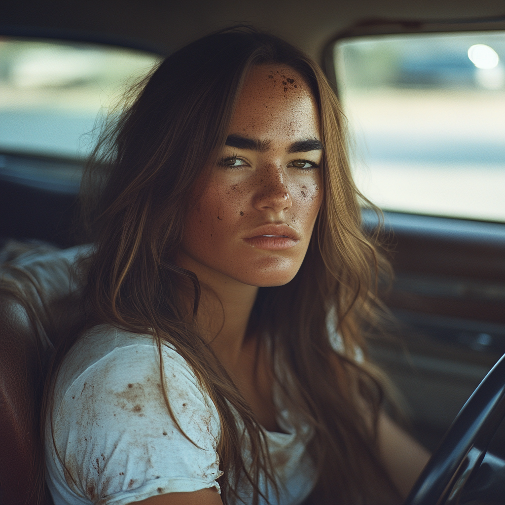 Une femme triste assise dans une voiture | Source : Midjourney