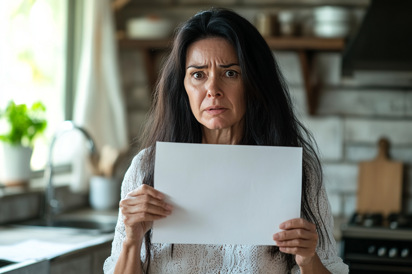 Une femme au cœur brisé dans une cuisine tenant du papier | Source : Midjourney