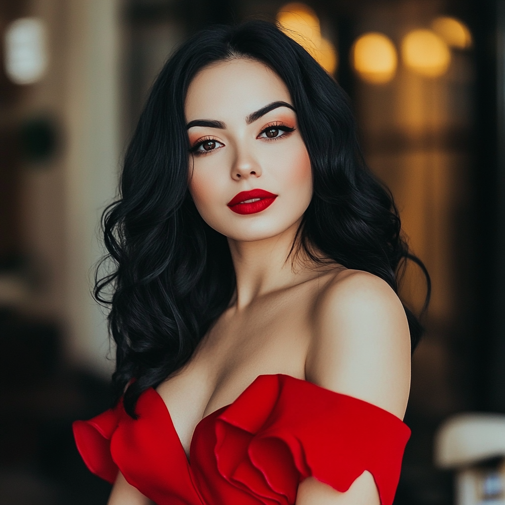 Une femme portant une superbe robe rouge et du maquillage | Source : Midjourney