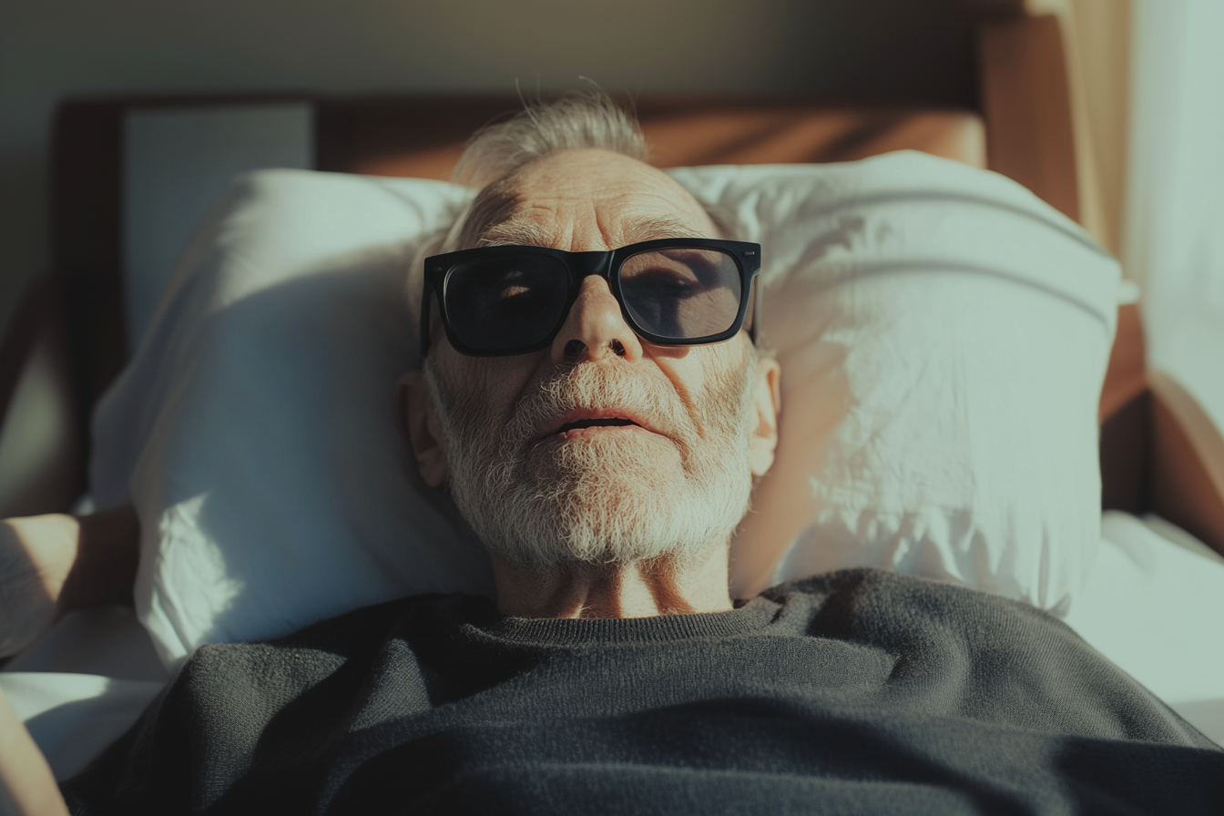 Un homme âgé portant des lunettes noires parle à quelqu'un | Source : Midjourney