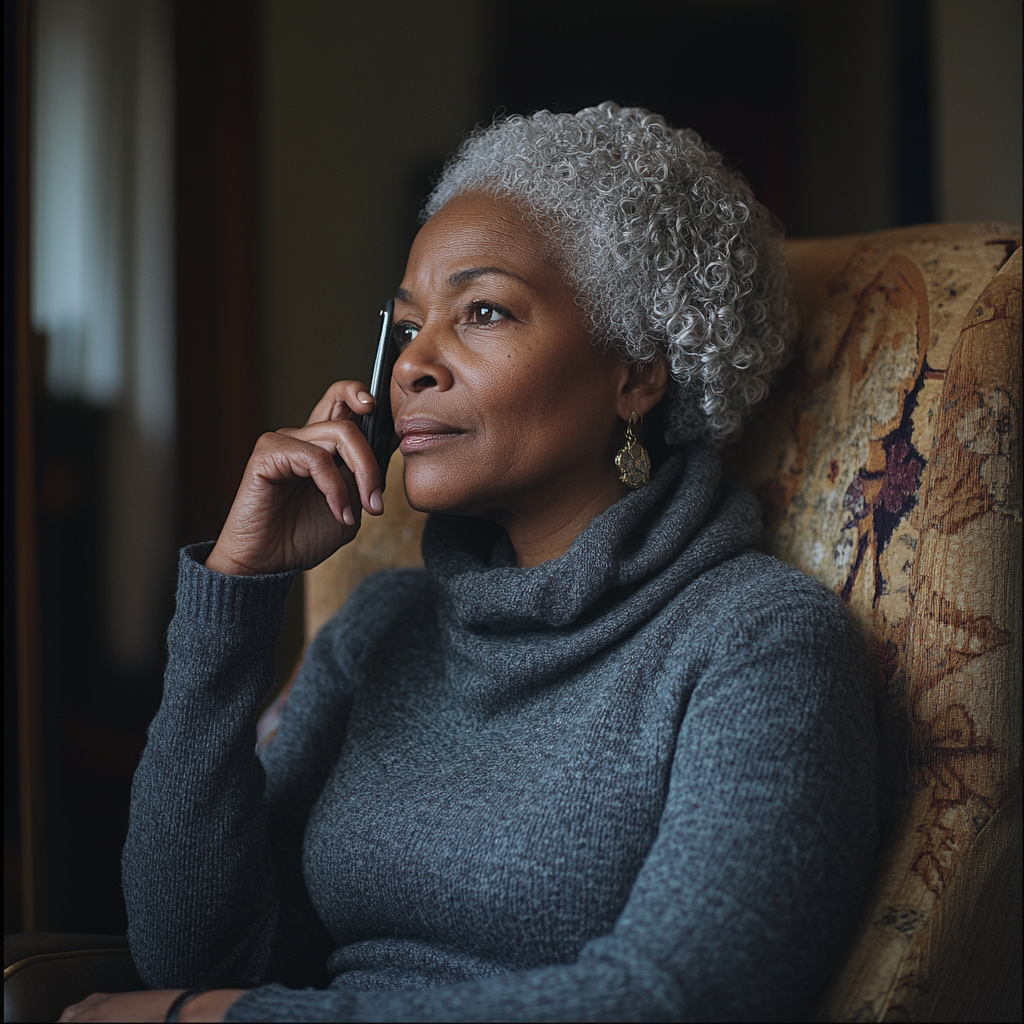 A woman talking on the phone in her living room | Source: Midjourney