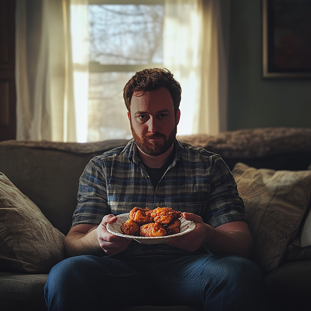 Un homme tenant une assiette de poulet frit | Source : Midjourney