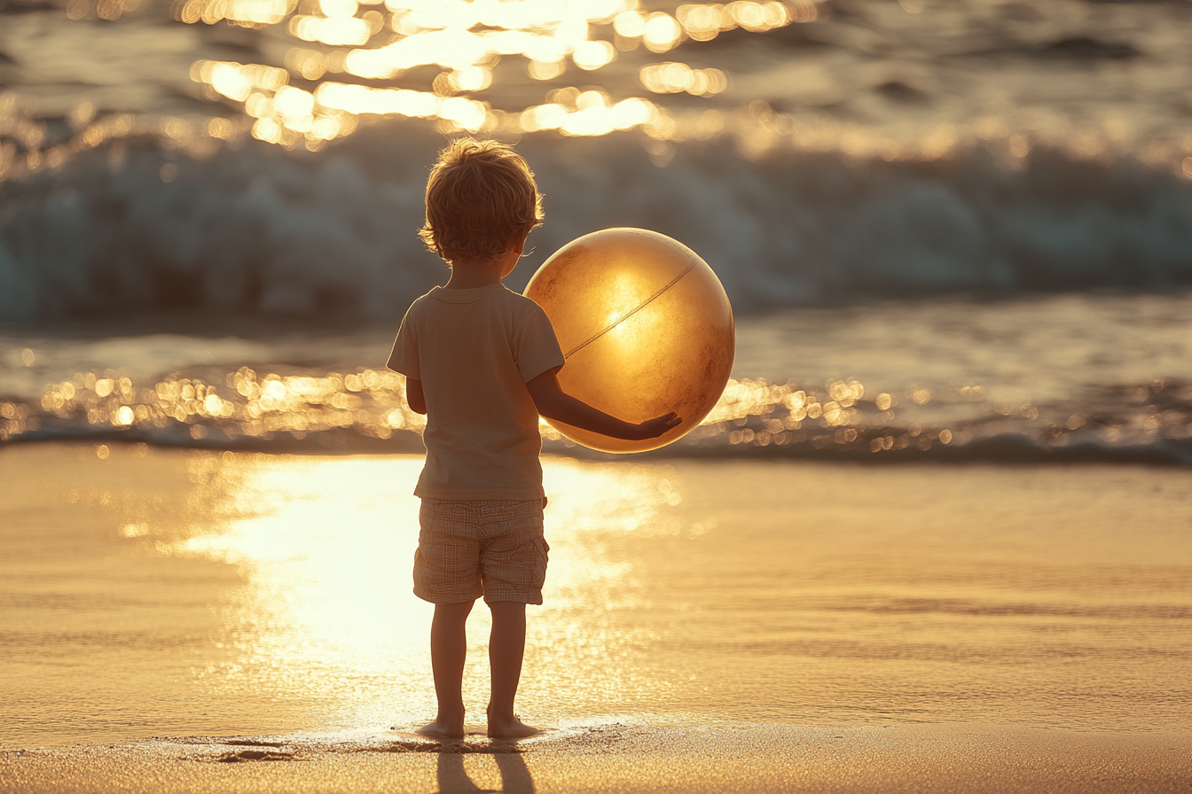 A little boy standing on the beach holding a ball | Source: Midjourney