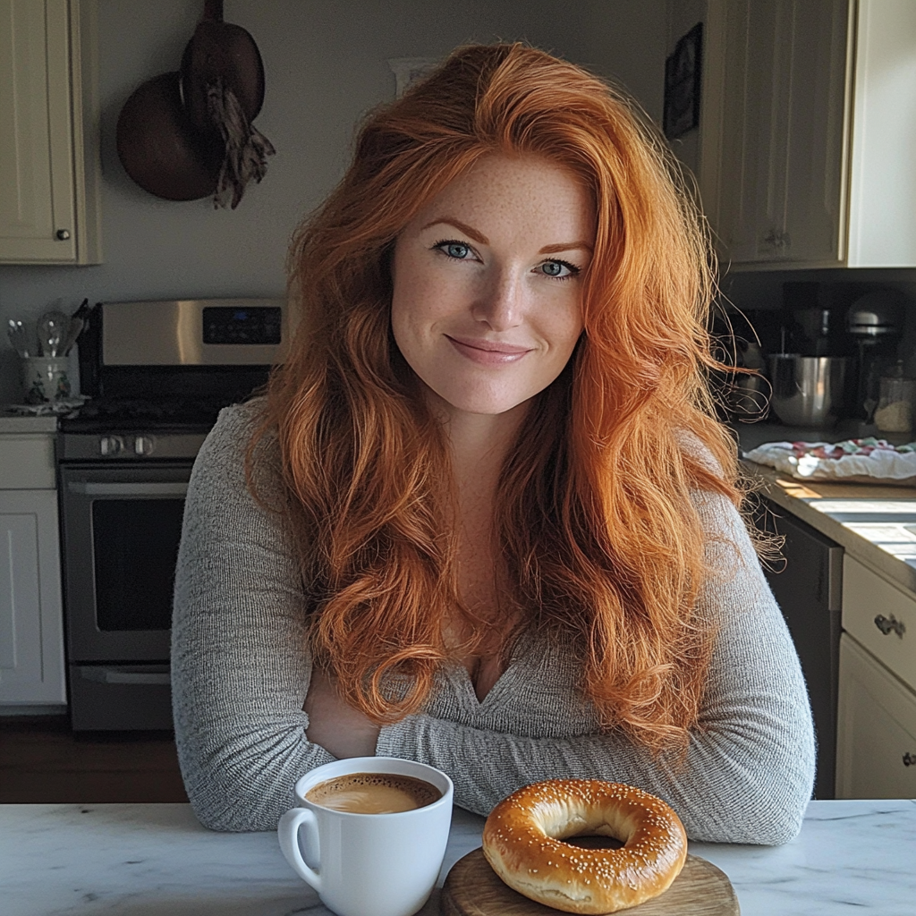 Une femme assise à un comptoir de cuisine | Source : Midjourney