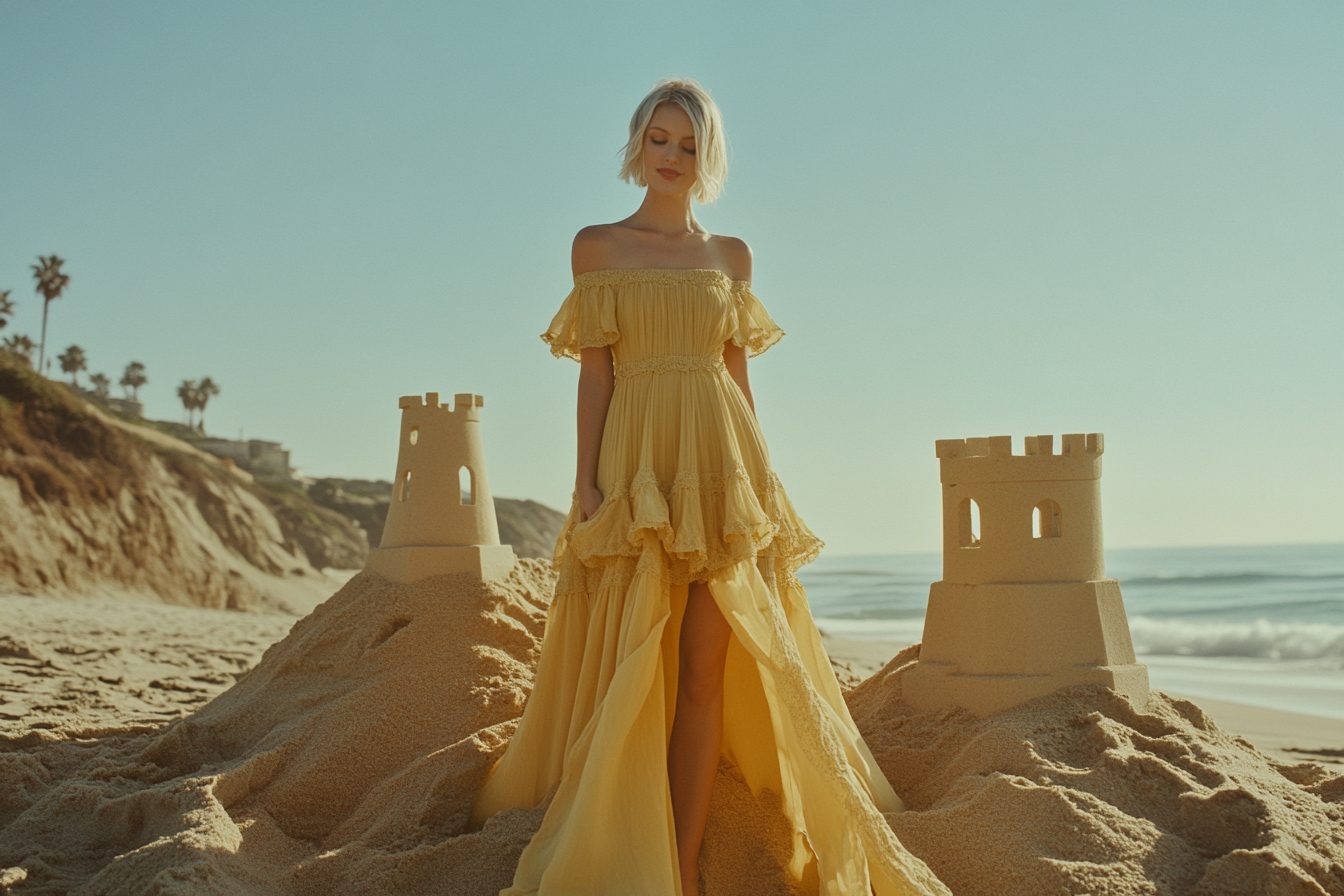 Une femme debout près de châteaux de sable | Source : Midjourney