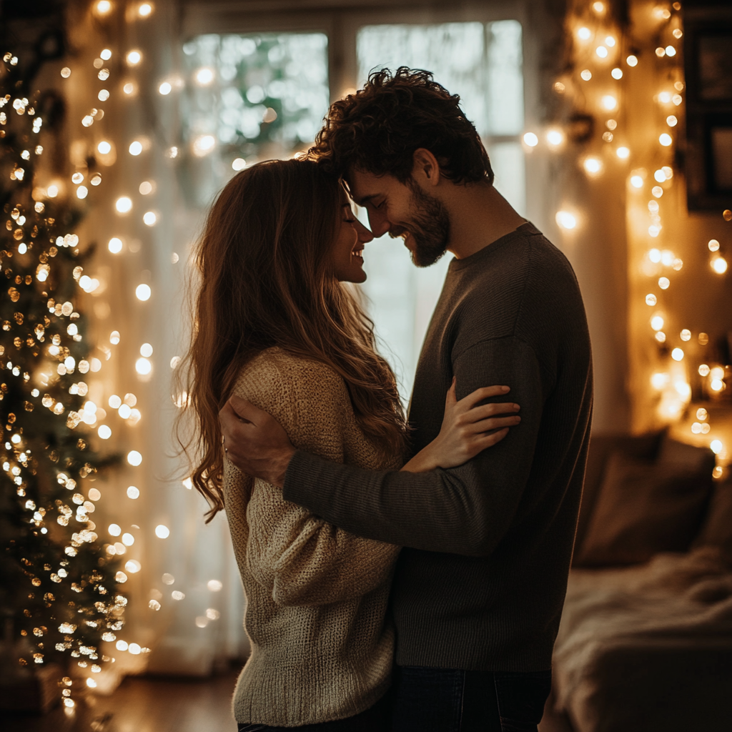 A smiling couple dancing in the living room | Source: Midjourney