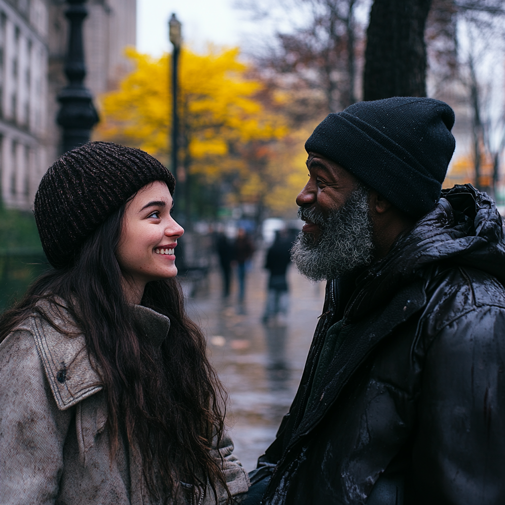 Une femme souriante qui parle à un homme | Source : Midjourney