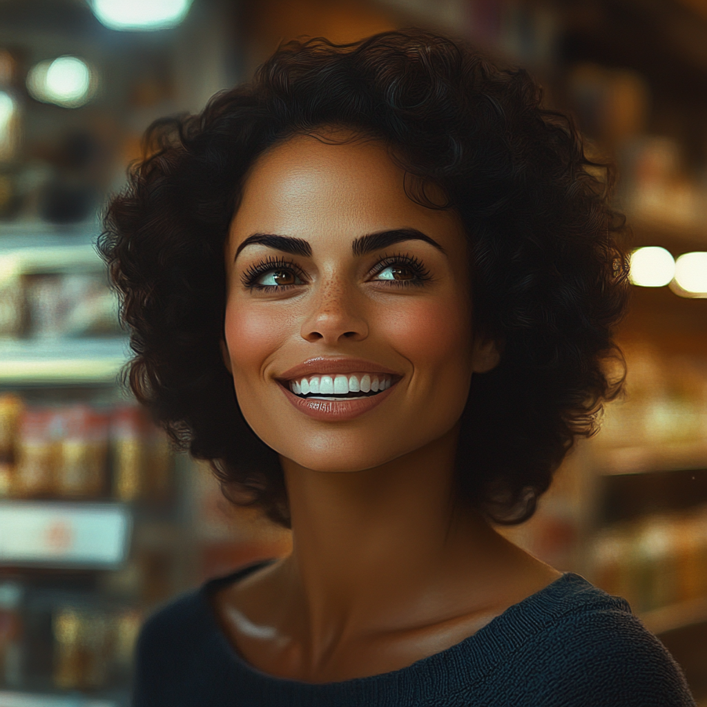 Une femme souriante dans une épicerie | Source : Midjourney