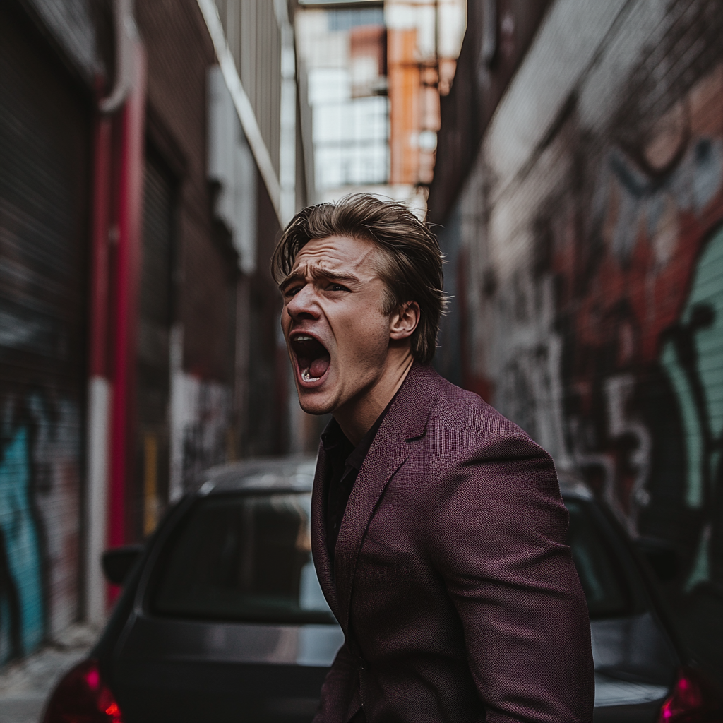 Un homme avec un blazer bordeaux qui crie dans une ruelle | Source : Midjourney