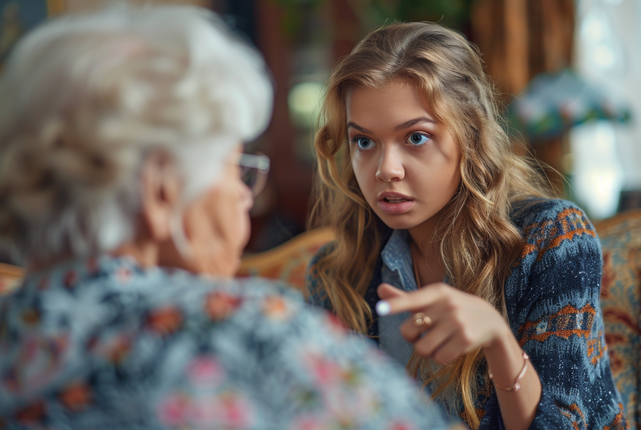 Une jeune femme pointe du doigt une femme âgée | Source : MidJourney