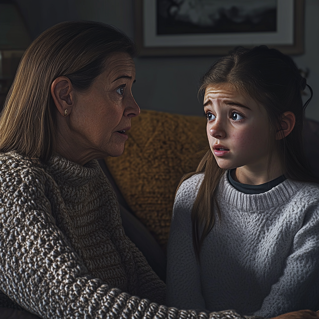 Une femme inquiète parle à son enfant effrayé | Source : Midjourney