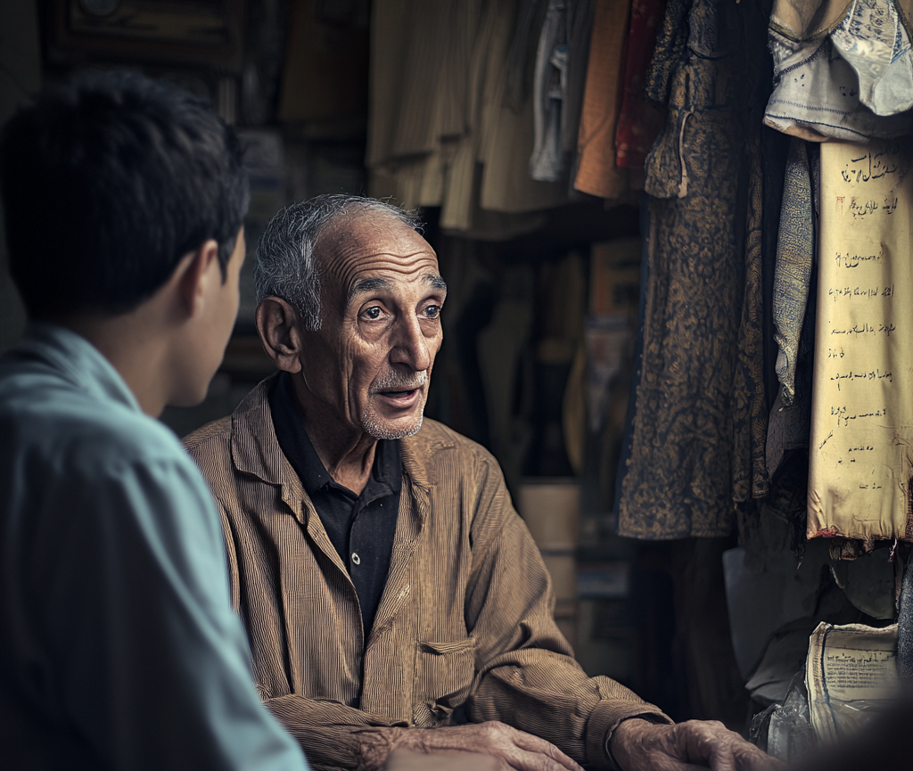 Un tailleur âgé discutant avec son client | Source : Midjourney