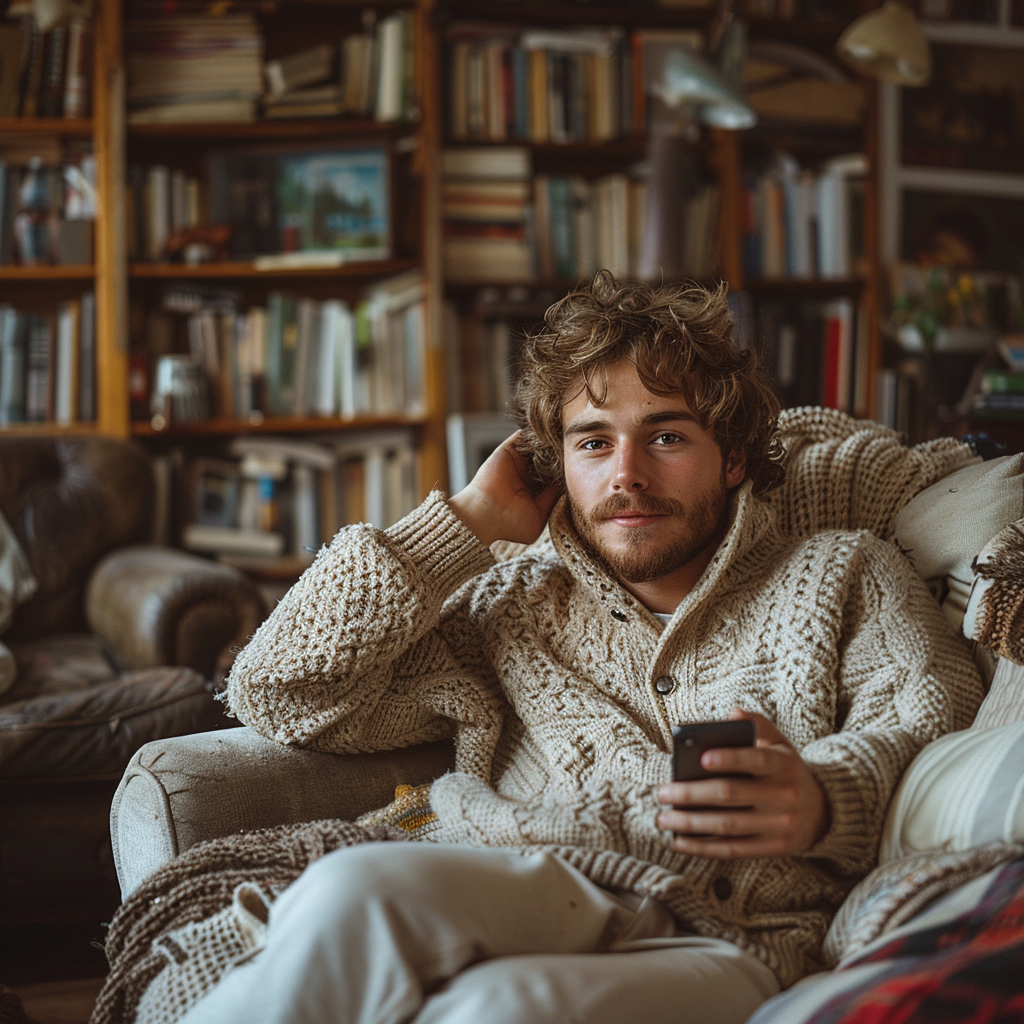 Un homme avec son téléphone sur son canapé | Source : Midjourney