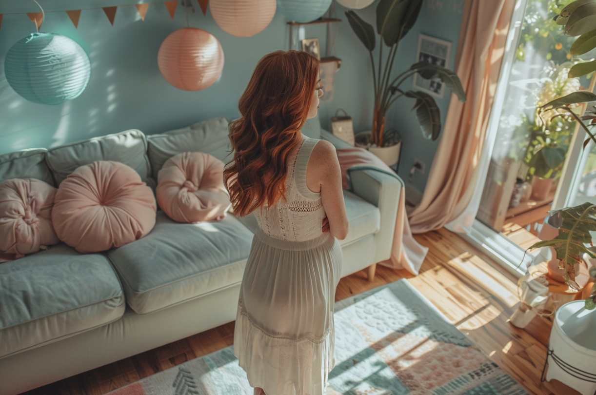 Une femme admirant les décorations de sa fête prénatale | Source : Midjourney