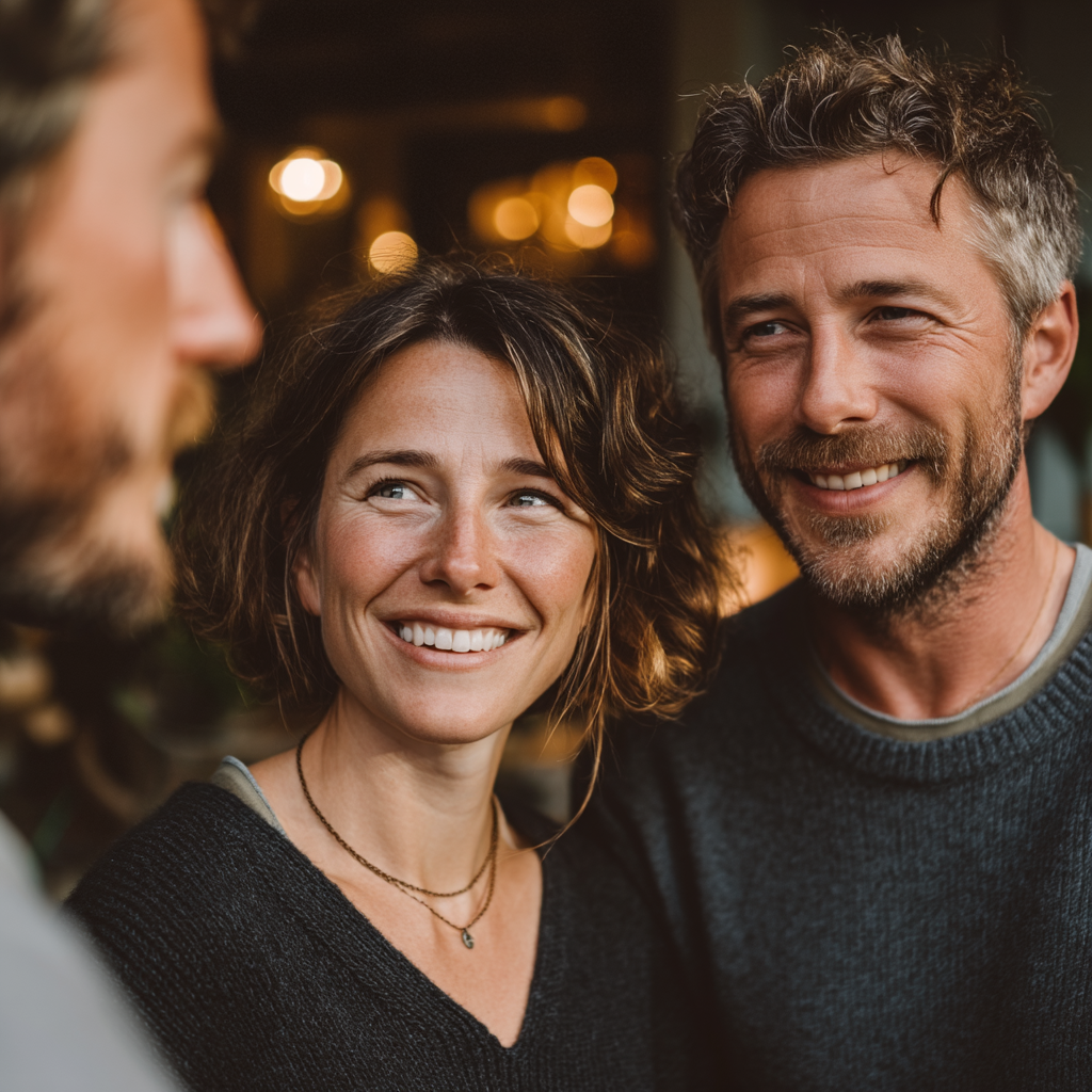 Un couple heureux qui parle à quelqu'un | Source : Midjourney