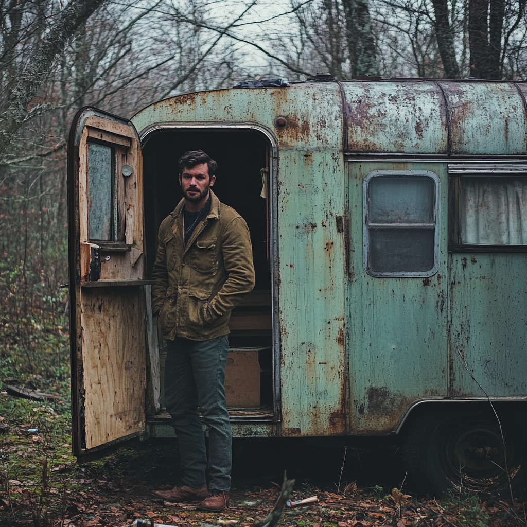 Homme debout devant la porte d'une vieille caravane | Source : Midjourney