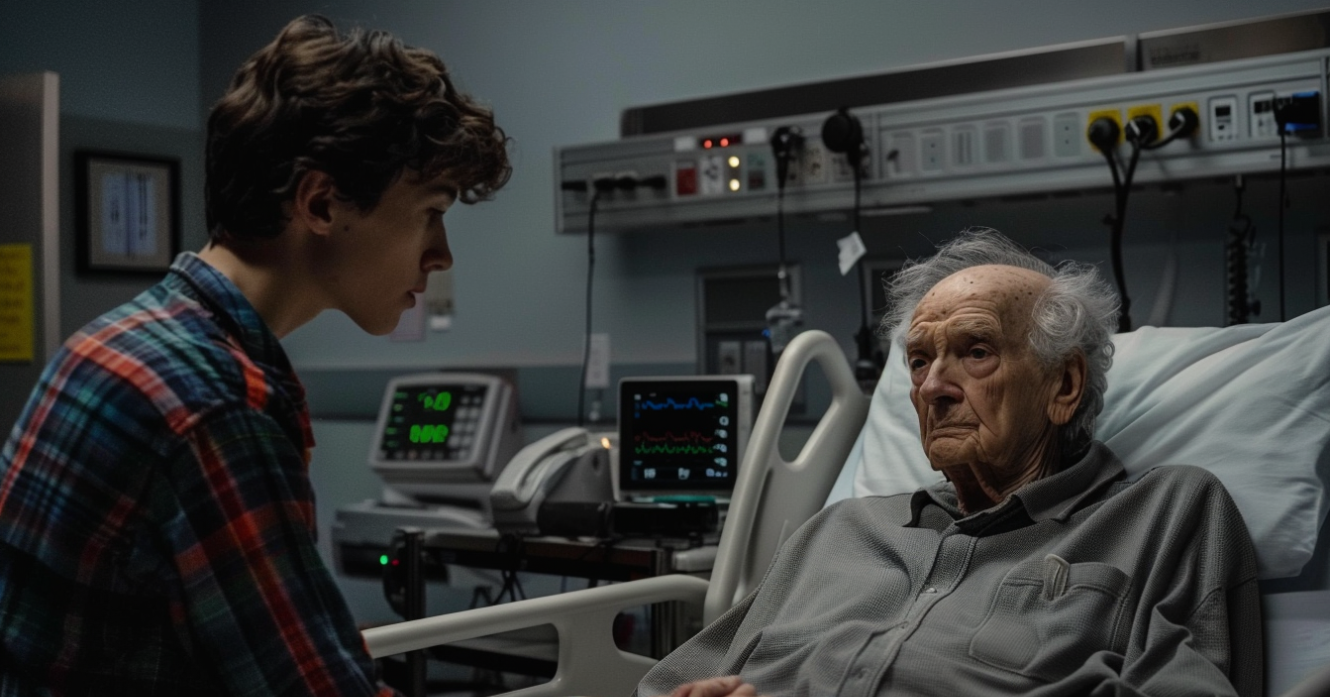 A young man holding his sick grandfather's hand | Source: Midjourney