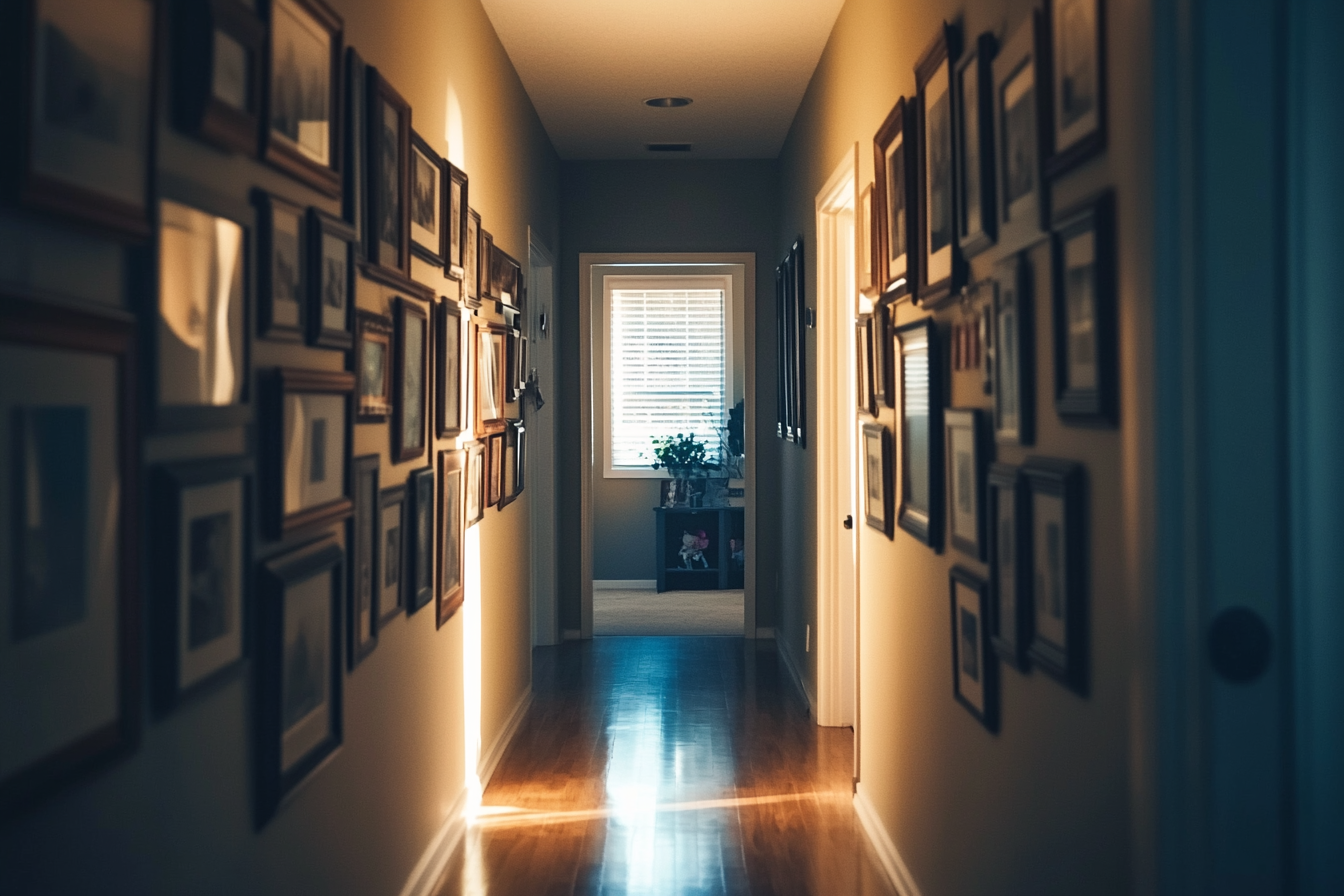 Le couloir d'une maison avec des photos accrochées aux murs | Source : Midjourney