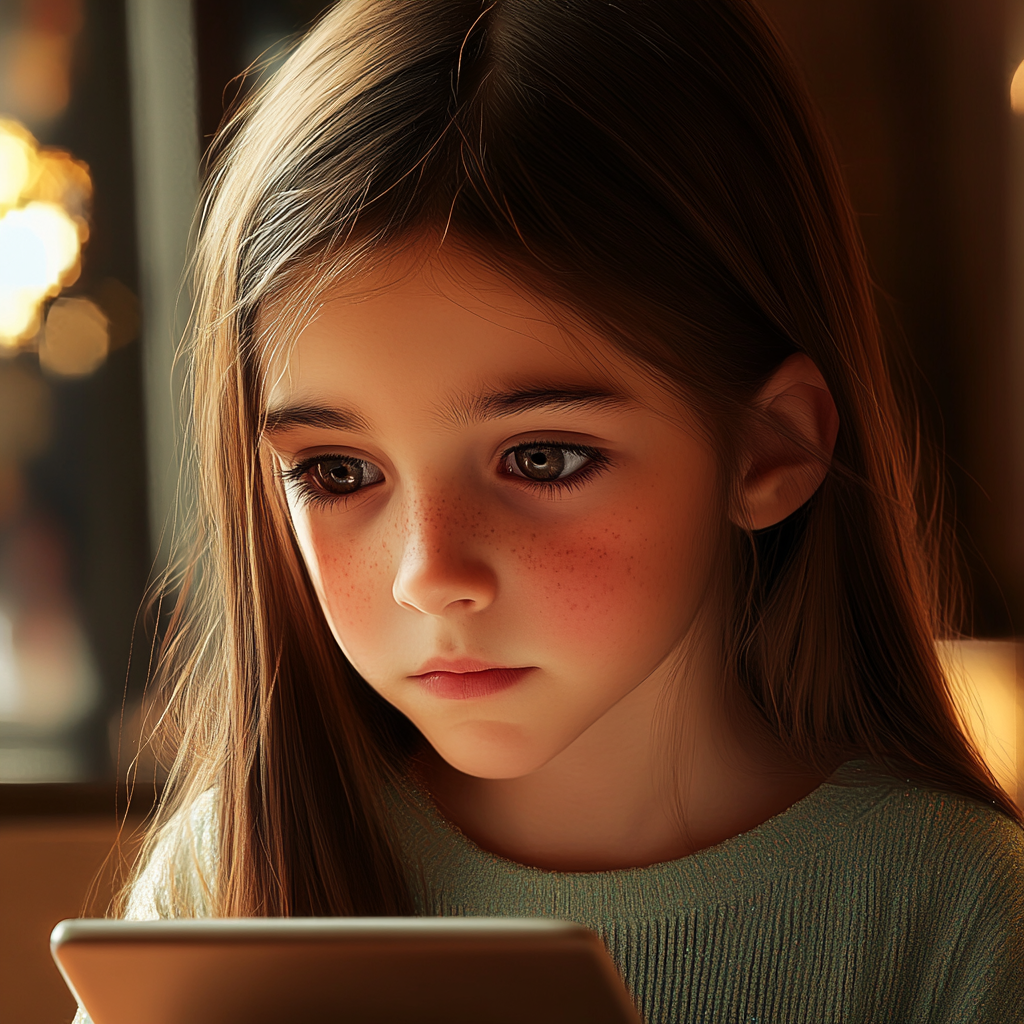 Une fille triste qui regarde sa tablette | Source : Midjourney